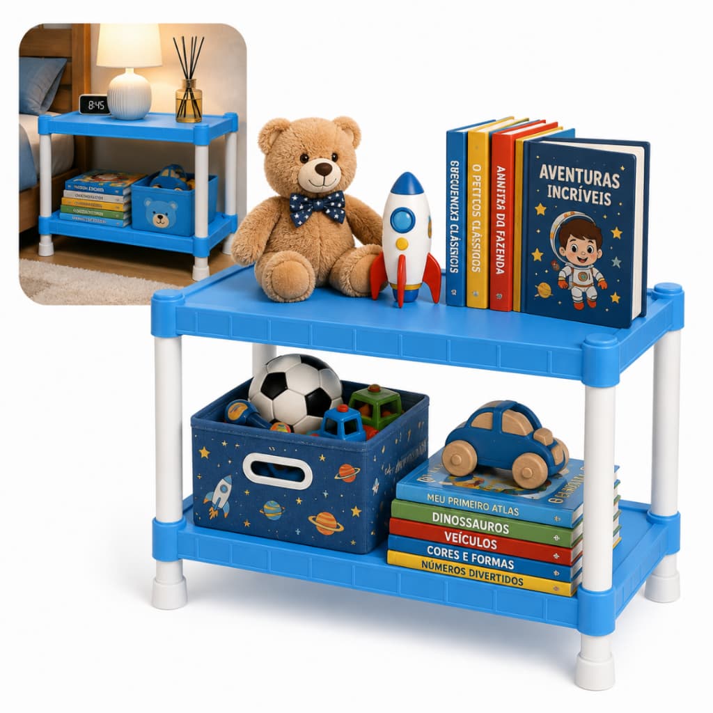 Estante Prateleira 2 Andares Azul Quarto Menino Multiuso Resistente Colorido Pequeno 7kg
