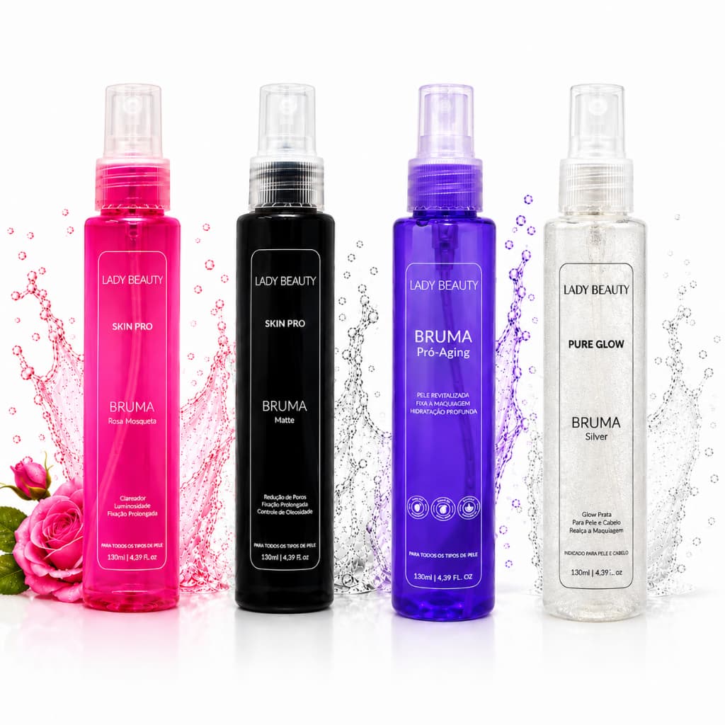 Bruma Facial Lady Beauty 130ml Fixador Maquiagem Longa Duração Hidratante Matte Rosa Mosqueta Pró-Aging Pure Glow