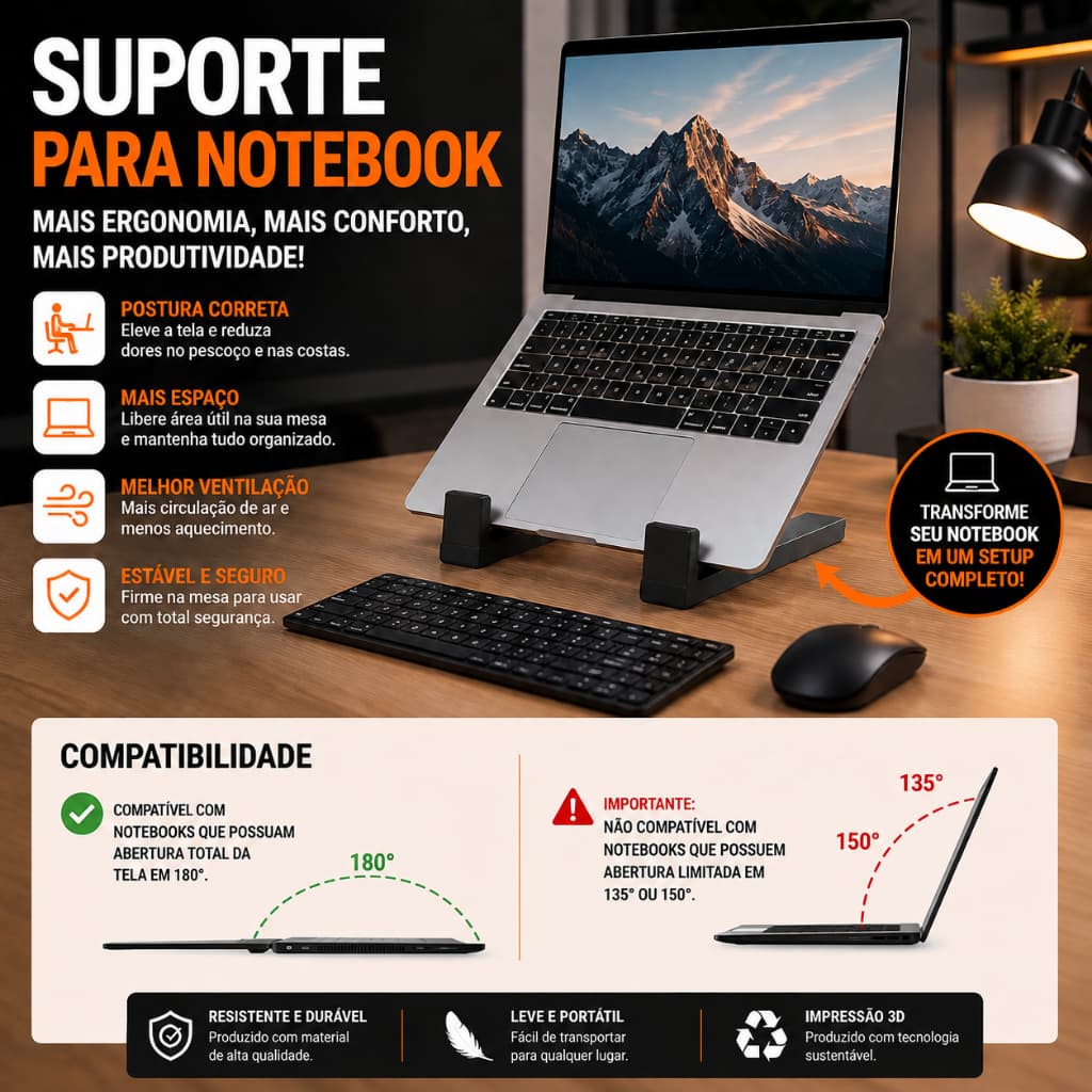 Suporte de Mesa Universal Ergonômico para Laptop Notebook Alto (Para teclado e mouse externo)