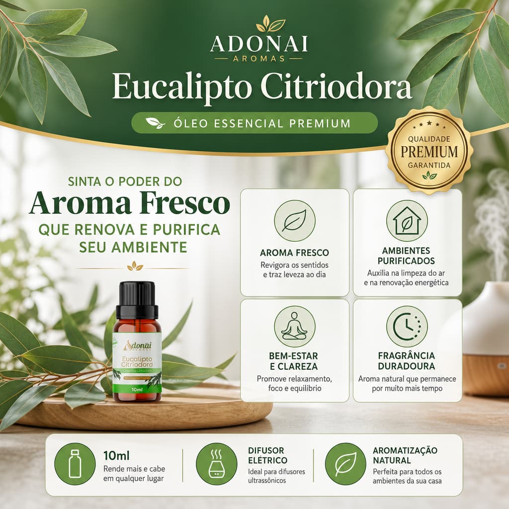 Óleo Essencial Eucalipto Citriodora 10ML Aroma Difusor Elétrico Umidificador Aromatização Fresco Puro