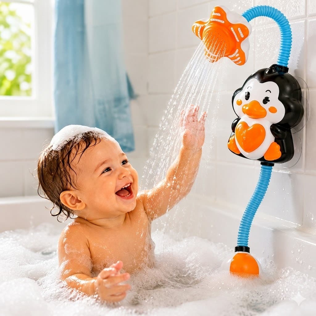 Chuveirinho Elétrico Infantil Pinguim Brinquedo de Banho Ducha 360° com Ventosas