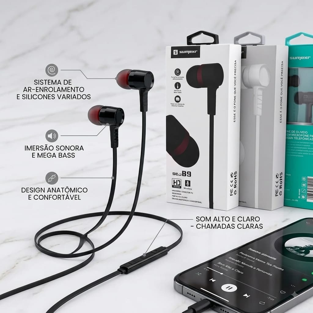 Fone Ouvido Intra-auricular Microfone Grave Potente Alto com fio -  Sumexr - SEJ-B9
