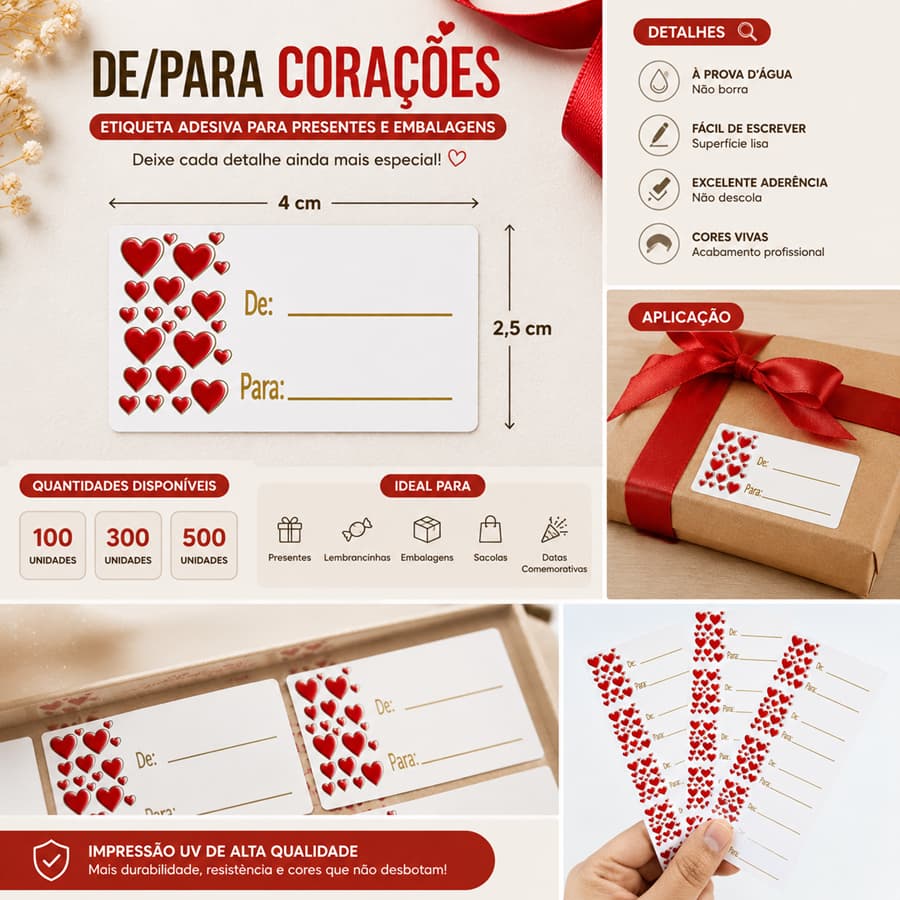 Etiquetas Adesivas De/Para - Mini Corações embalagens e presentes