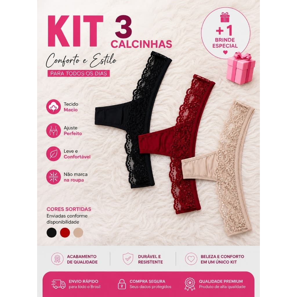 Kit com 3 Micro Calcinhas Fio Dental em Renda e Lycra