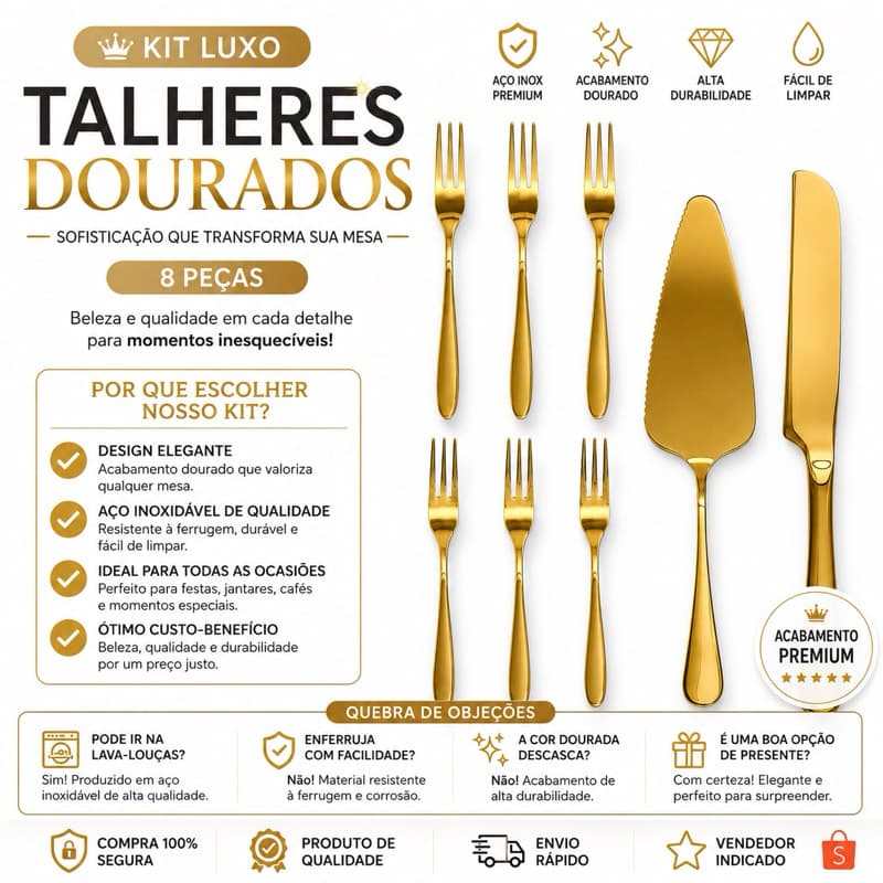Jogo Talheres Dourados Para Bolo e Sobremesa – 8 Peças Luxo Inox