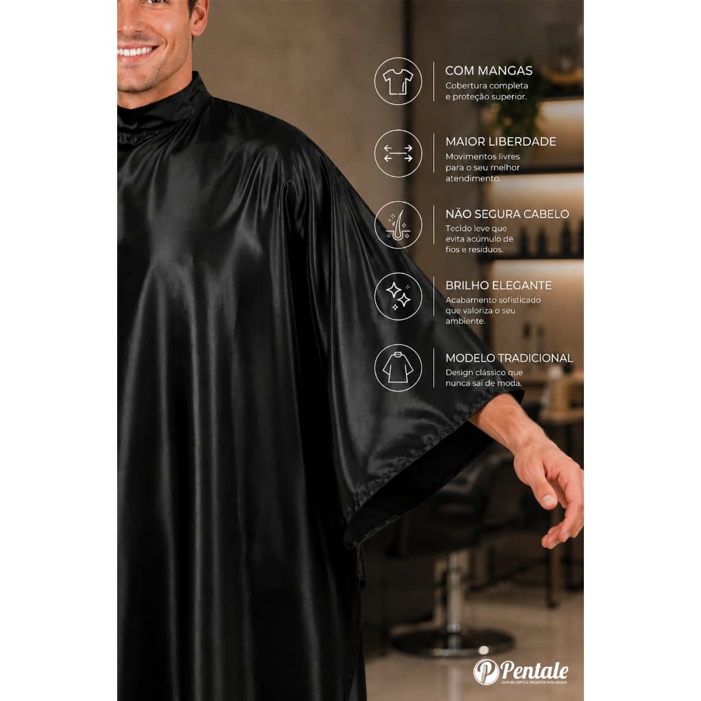 Capa para Cortar Cabelo de Cabeleireiro e Barbeiro em Cetim Preto com Manga