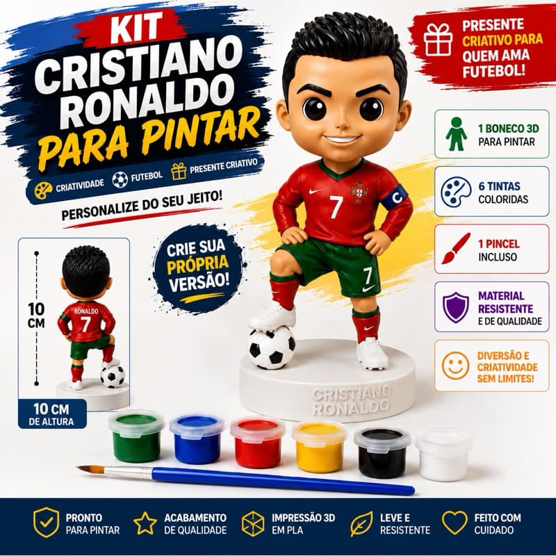 Kiit Cristiano Ronaldo 3D para Pintar | Boneco 10cm + 6 Tintas + Pincel