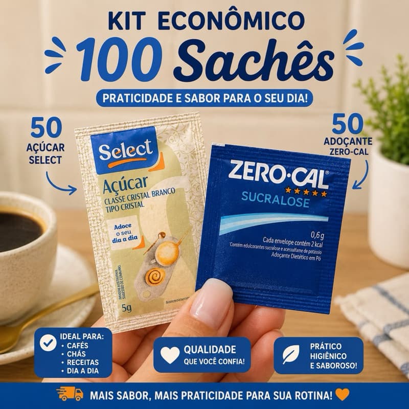 KIT 100 SACHÊS — 50 AÇÚCAR SELECT + 50 ADOÇANTE SUCRALOSE ZERO CAL