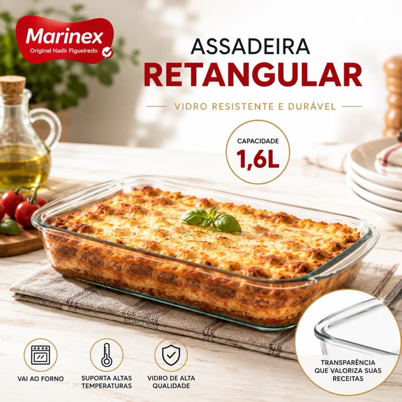 Assadeira Pirex Vidro Retangular 1.6l Marinex Servir Mesa Forno Refratário para Forno Nadir Original