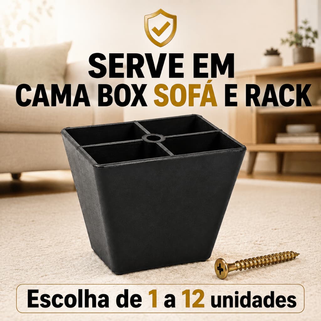 Kit Pé Pirâmide 6cm Preto Sofá Cama Box Rack Puff Poltrona Aparador Reforçado PU 1 a 12 Un