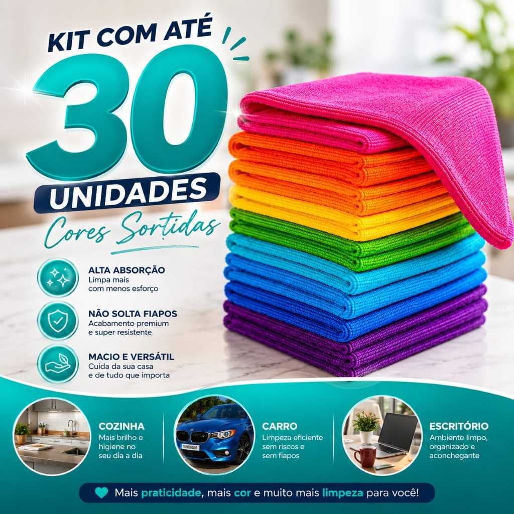 Kit Pano Microfibra 30x30cm Super Absorvente Para Limpeza Geral