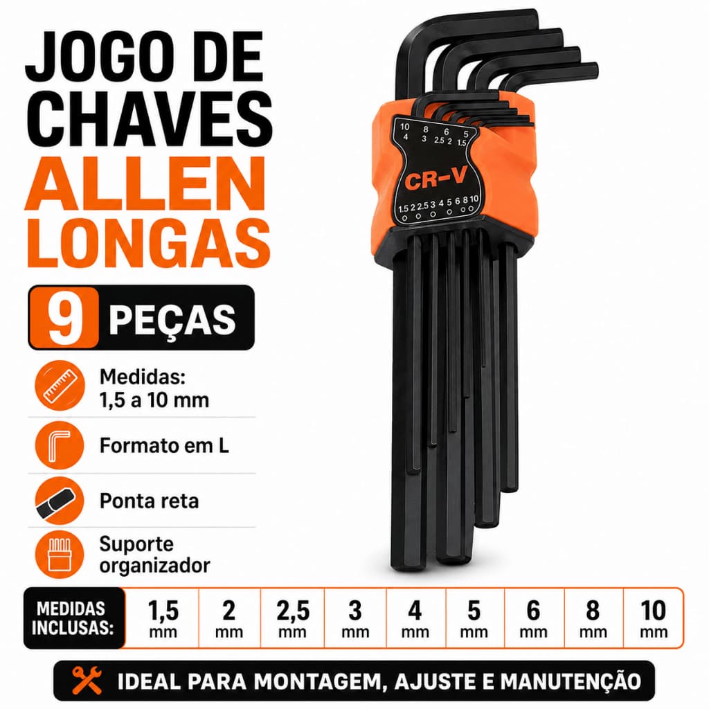 Jogo de Chaves Allen Longas 9 Peças em Aço Temperado, Medidas de 1,5 a 10 mm  Título 2: Jogo de Chaves Allen L