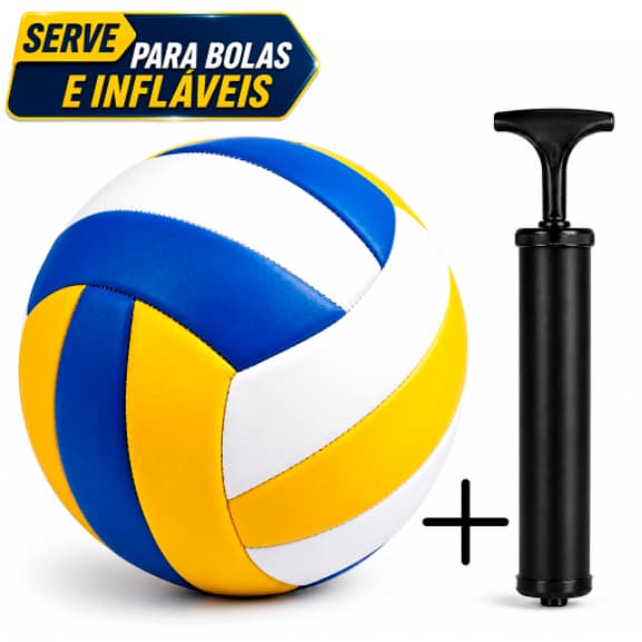 Kit Bola de Vôlei + Bomba de Ar Encher Inaláveis Quadra Treino Praia Areia Voleibol Profissional