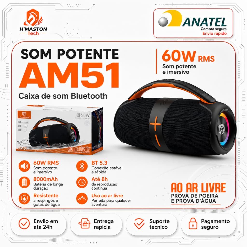 H'Maston AM51 60W Caixinha De Som Bluetooth Caixa De Som Bluetooth Portátil Som Caixa Bluetooth Caixa De Som Blootooth