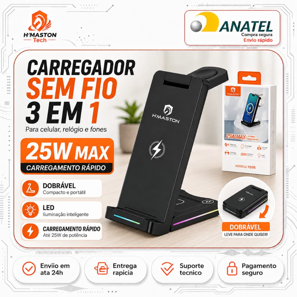 H'Maston YD55 Carregador Por Indução Iphone 3 em 1 Carregador Indução Iphone dobrável Carregador Magnetico Iphone