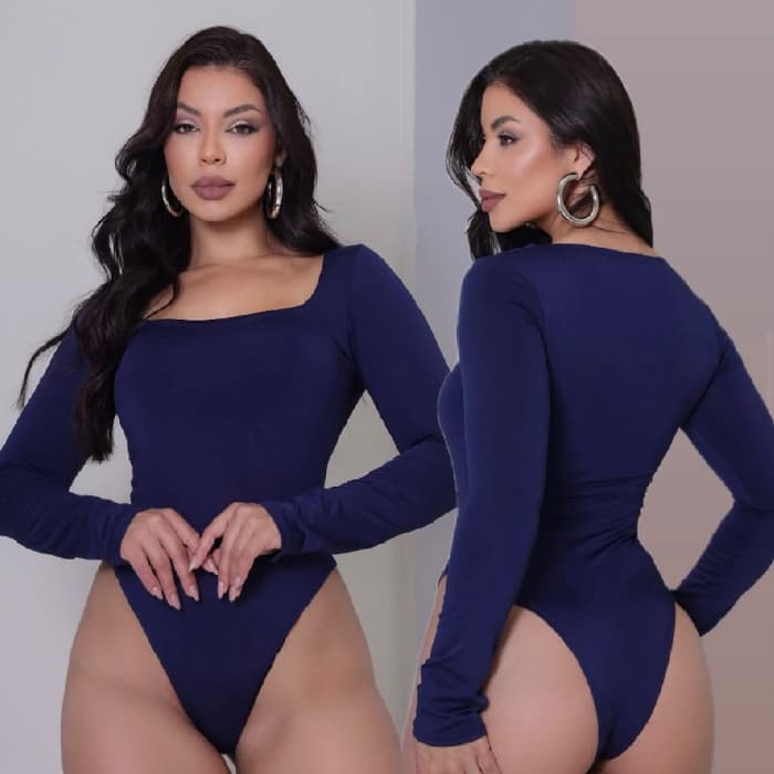 Body Feminino Manga Longa Básico Forro Duplo Com Decote Quadrado Tendencia Envio Imediato