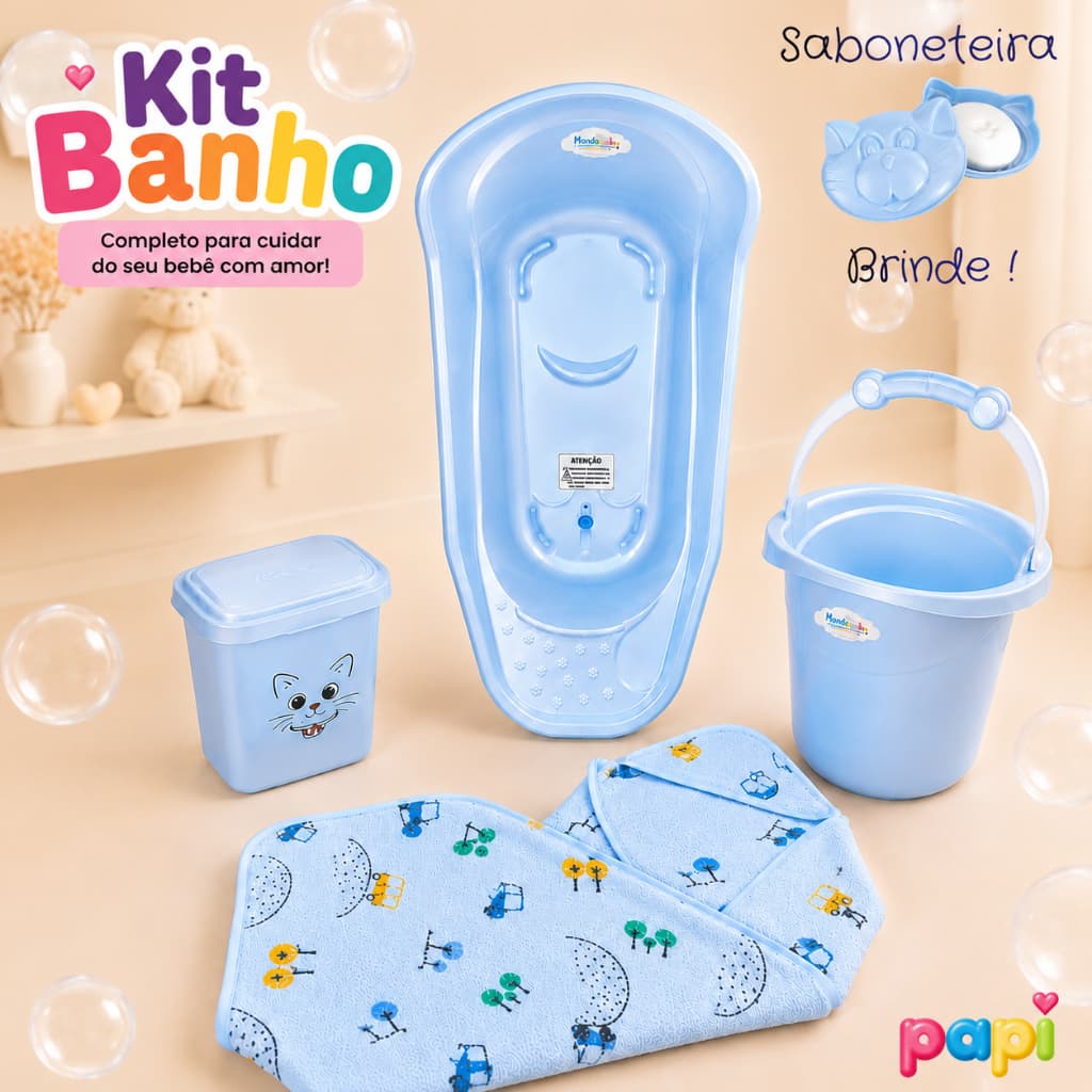 Kit Banheira 20L, Balde Ofurô 11L, Lixeira e Toalha para Banheira bebê menino menina