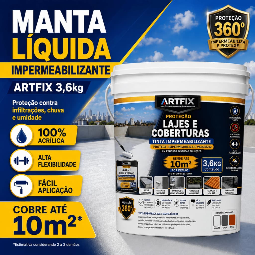 Impermeabilizante Acrílico Artfix 3,6Kg Manta Líquida Cúpula Abóbada Telhado Impermeável e Flexível