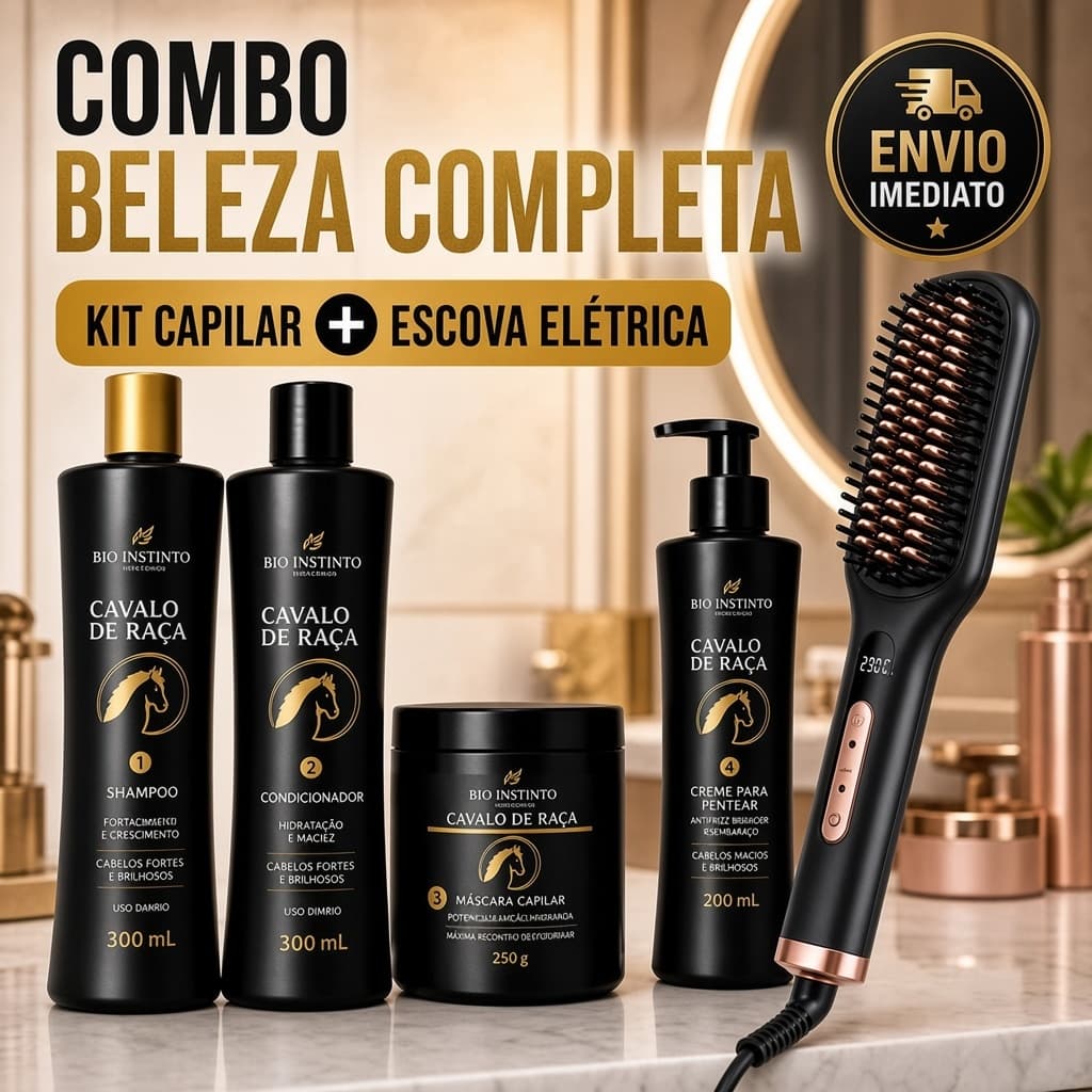 Kit Salão em Casa Premium: Cronograma Capilar Cavalo de Raça + Escova Alisadora Elétrica Bivolt