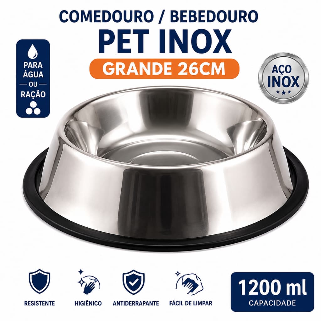 Comedouro Bebedouro Pet Inox Grande 26cm 1200ml Antiderrapante para Ração Água Cães Gatos