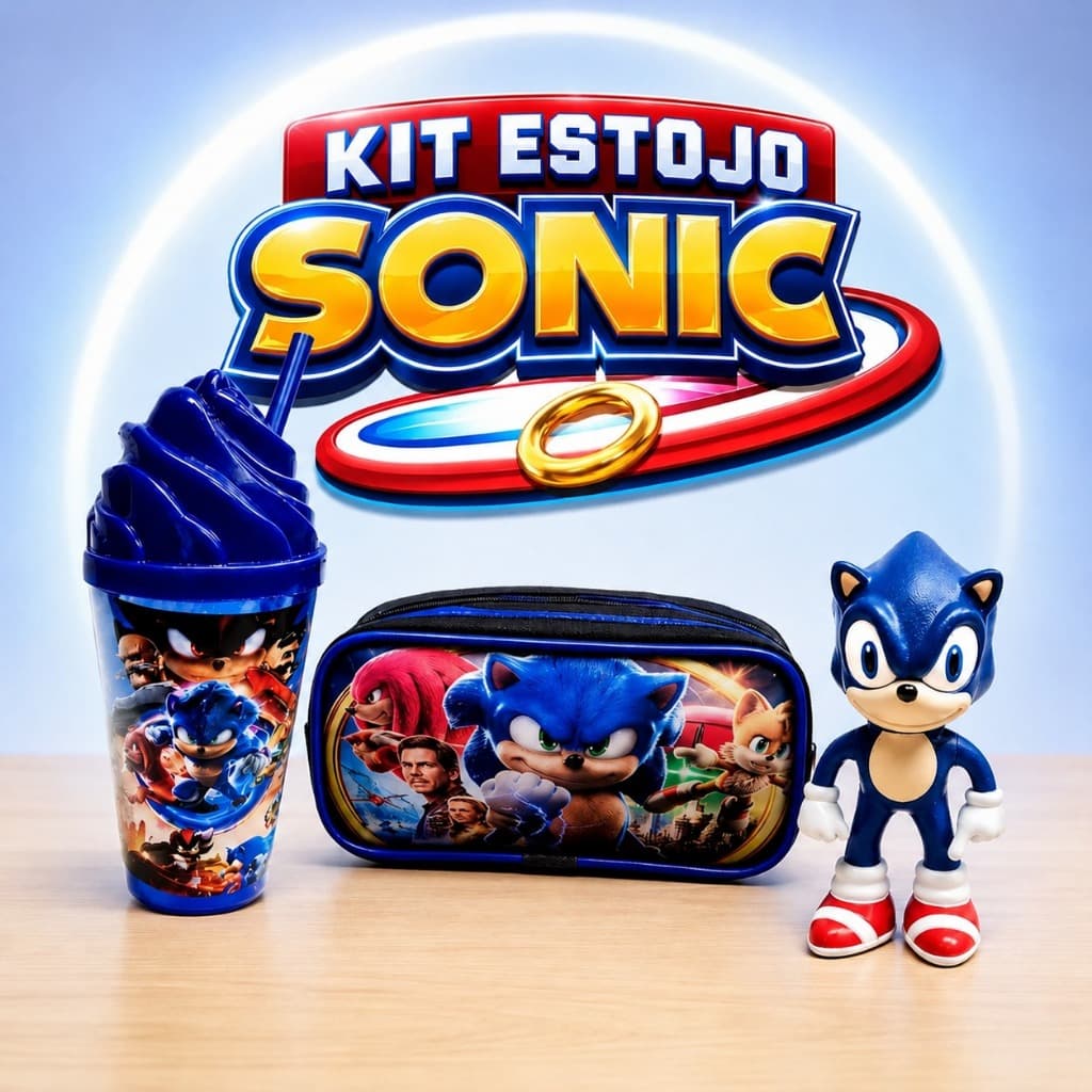 KIT MATERIAL ESCOLAR ESTOJO INFANTIL COM 2 ZÍPERES + BONECO E COPO DO SONIC TAIL