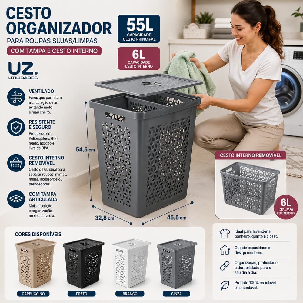 Cesto Organizador para Roupas Sujas Limpas Tampa 55 Litros e Cesto Interno 6 Litros UZ Uilidades