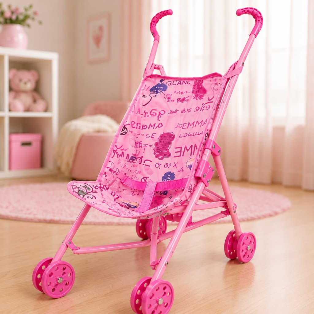 Carrinho de Boneca Infantil Dobrável Rosa 4 Rodas DDG5008 INMETRO Brinquedo Menina Presente 3+