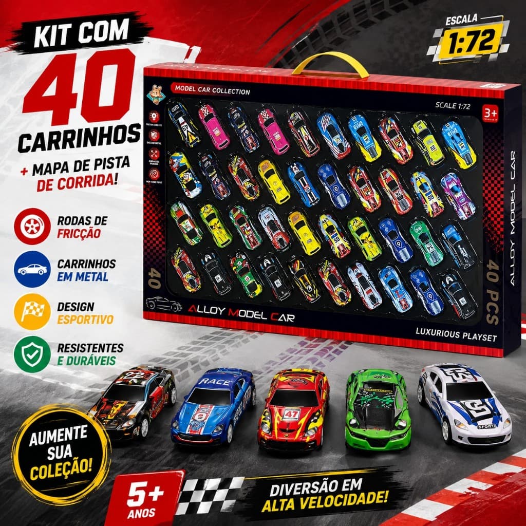 Kit 40 Carrinhos de Metal Com Ré 1:72 Coleção Com Caixa Grande + Mapa Brinde