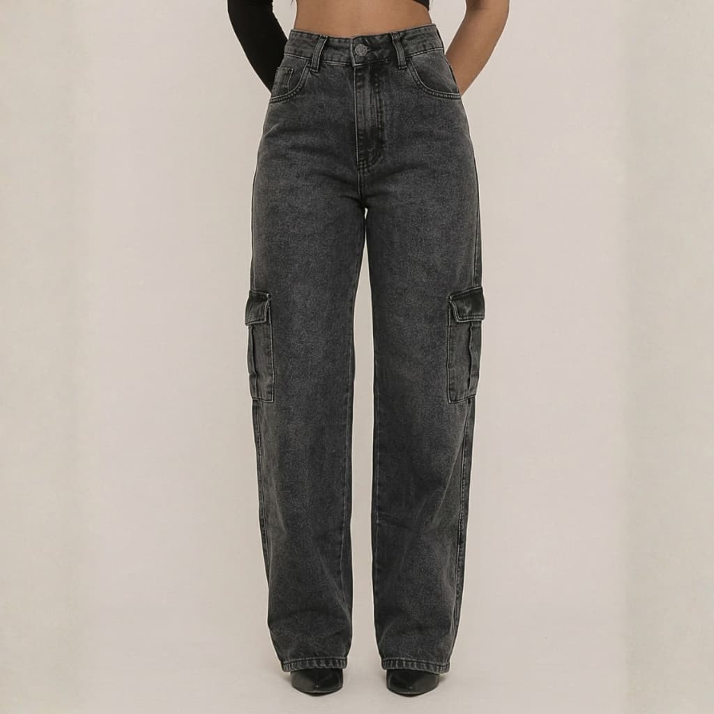Calça Cargo Wide Leg Jeans Feminina Grafite Cintura Alta Moda Blogueira