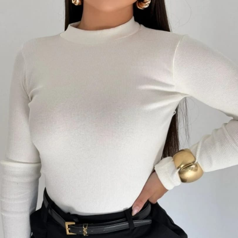 Blusa Canelada Manga Longa Feminina gola Alta Cacharrel Segunda Pele