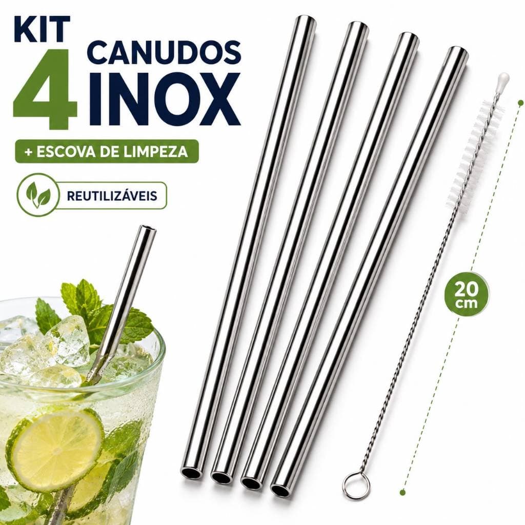 Kit 4 Canudos de Inox Retos Ecologico e Reutilizáveis com Escova para Limpeza
