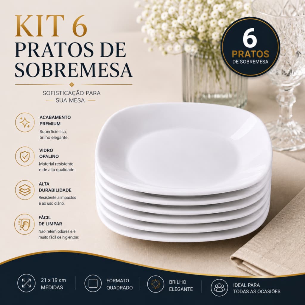 Jogo 6 Pratos Sobremesa Quadrado Opaline Vidro Branco 21cm Resistente Mesa Posta Elegante Luxo