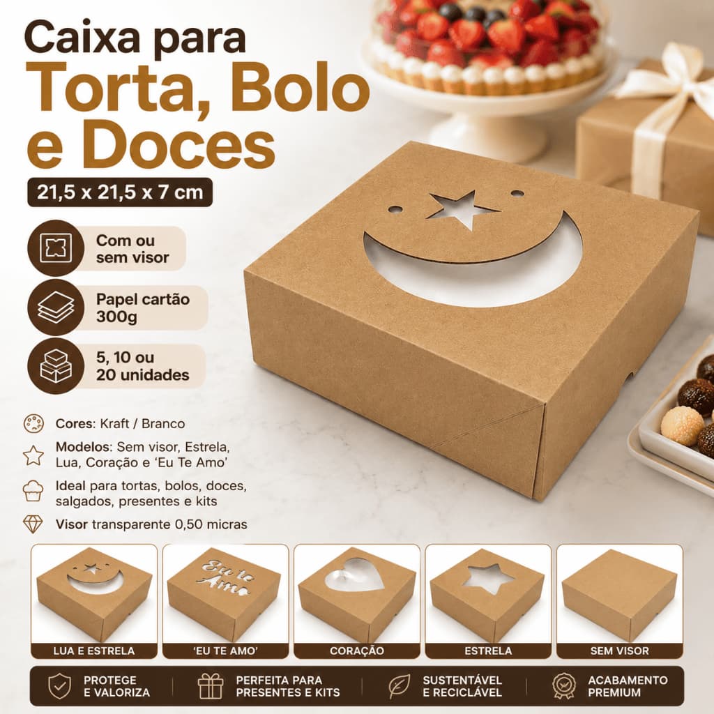 Caixa para Doces Brigadeiros Torta 21,5x21,5x7cm com Visor