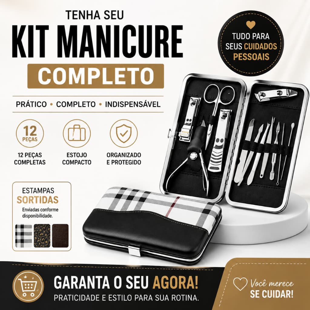 Kit Manicure 12 Peças Completo Estojo Estampado Cortador Tesoura Pinça Pedicure Unhas