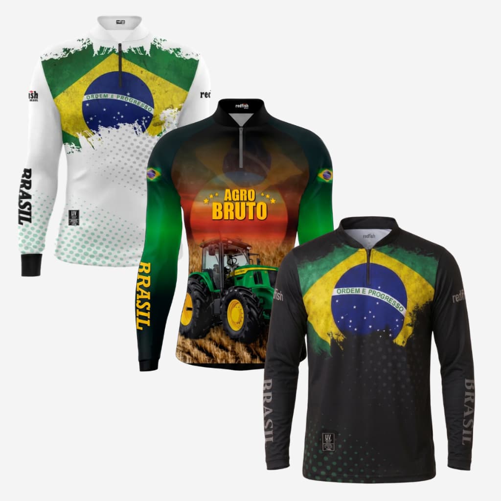 Kit 3 Camisas de Pesca Brasil Agro Proteção Solar UV 50 Manga Longa Dry Fit  Com Zíper e Bolsa