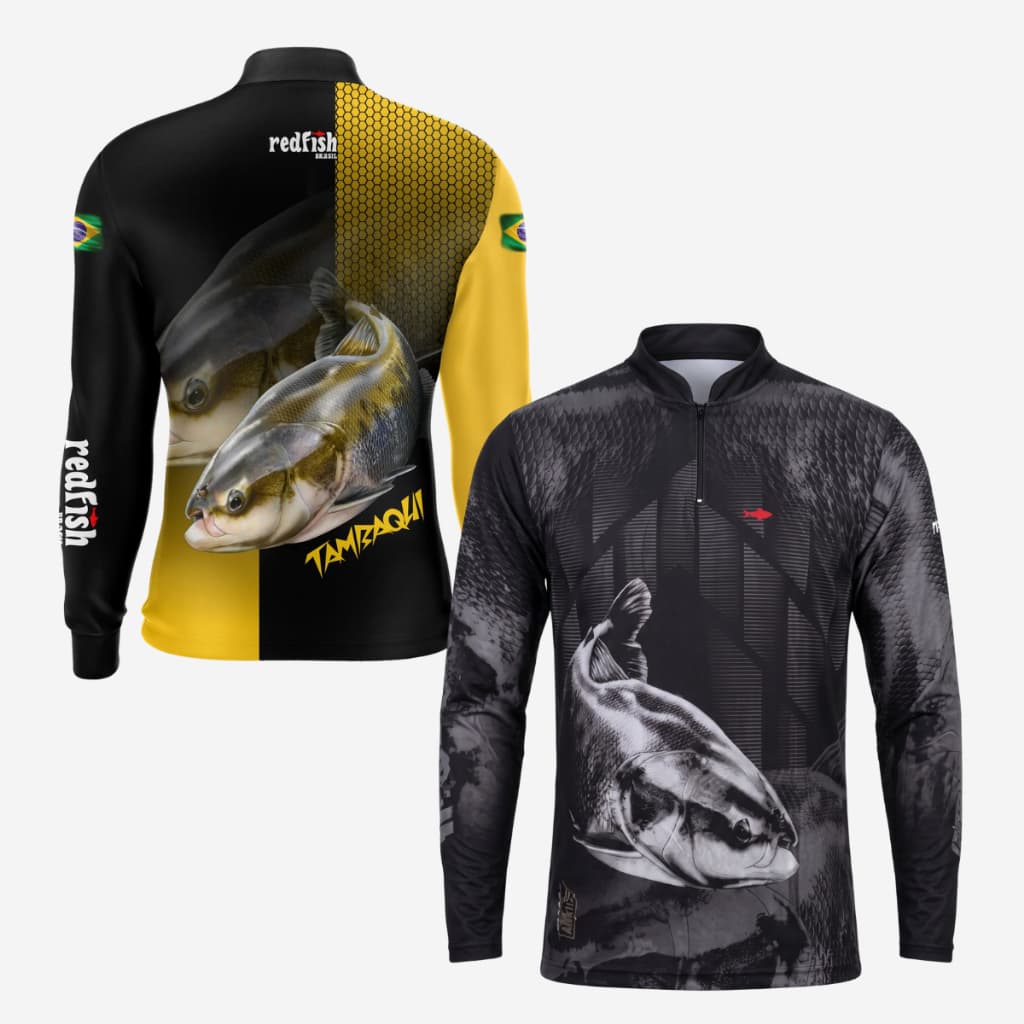 Kit 2 Camisas de Pesca Tambaqui Proteção Solar UV 50+ Manga Longa Dry Fit Com Zíper e Bolsa