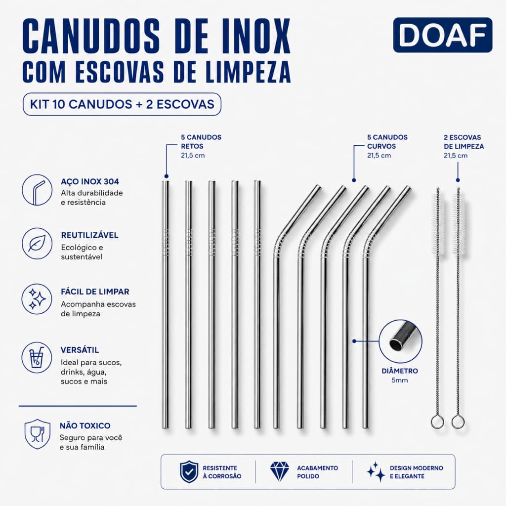 Kit 10 Canudos Inox Reutilizável Com 5 Curvos e 5 Retos Inox 6mm Prata + Escova de Limpeza