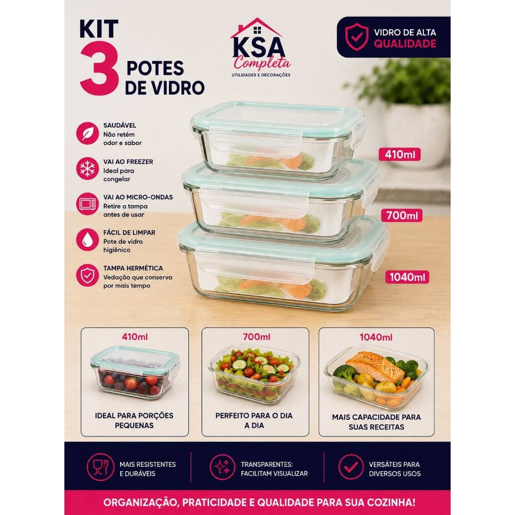 Marmita de Vidro Kit 3 Potes Borosilicato Hermético 370ml 640ml 1040ml