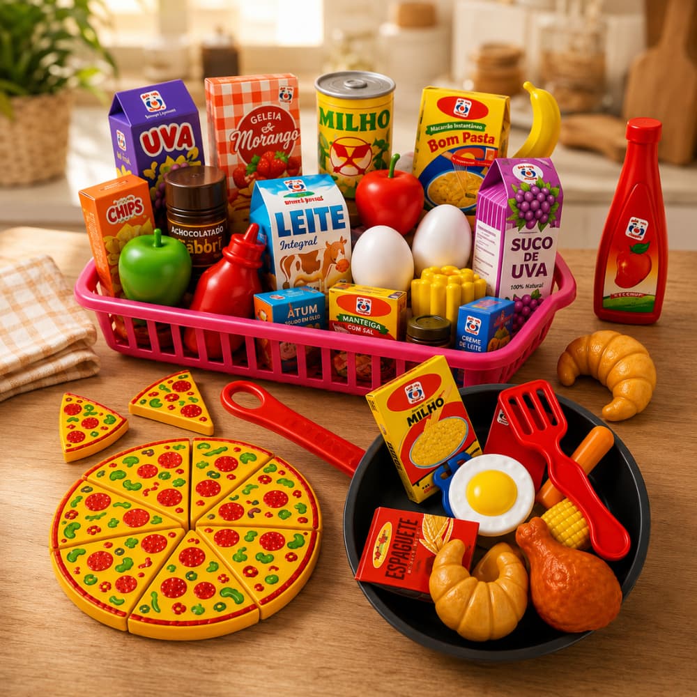 Kit Frigideira Mercadinho Infantil Cozinha Comidinhas Pizza  Brinquedo Menino Menina  47 Peças