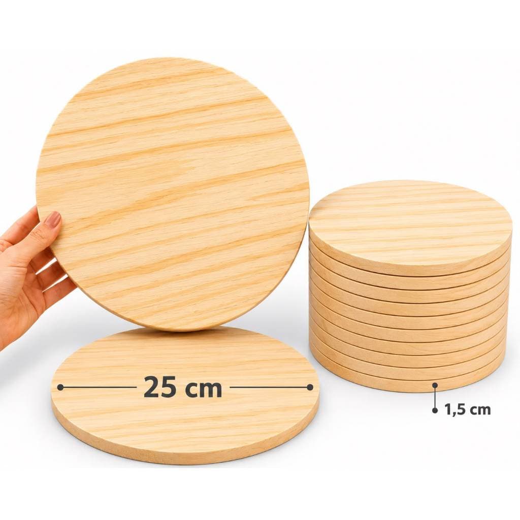KIT 10 BOLACHA REDONDA DE PINUS 25 CM DIÂMETRO — MADEIRA NATURAL | 15 MM - PLACA REDONDA MADEIRA PINUS 25 CM DIÂMETRO