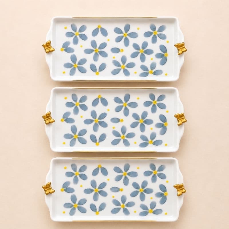 Conjunto de Travessas de porcelana 3 peças Flores azuis Porcelana pintada à mão Presente Bandeja Petisqueira Cozinha
