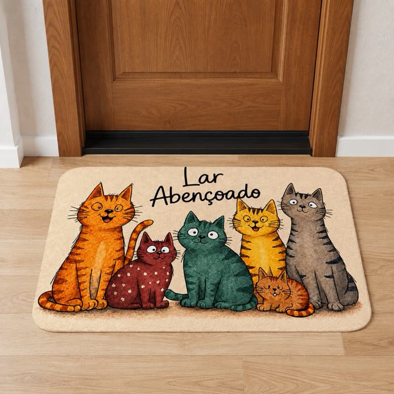 Tapete de Entrada  Antiderrapante Gatinho Lar Abençoado ,Doce Lar-Tamanho 70x50