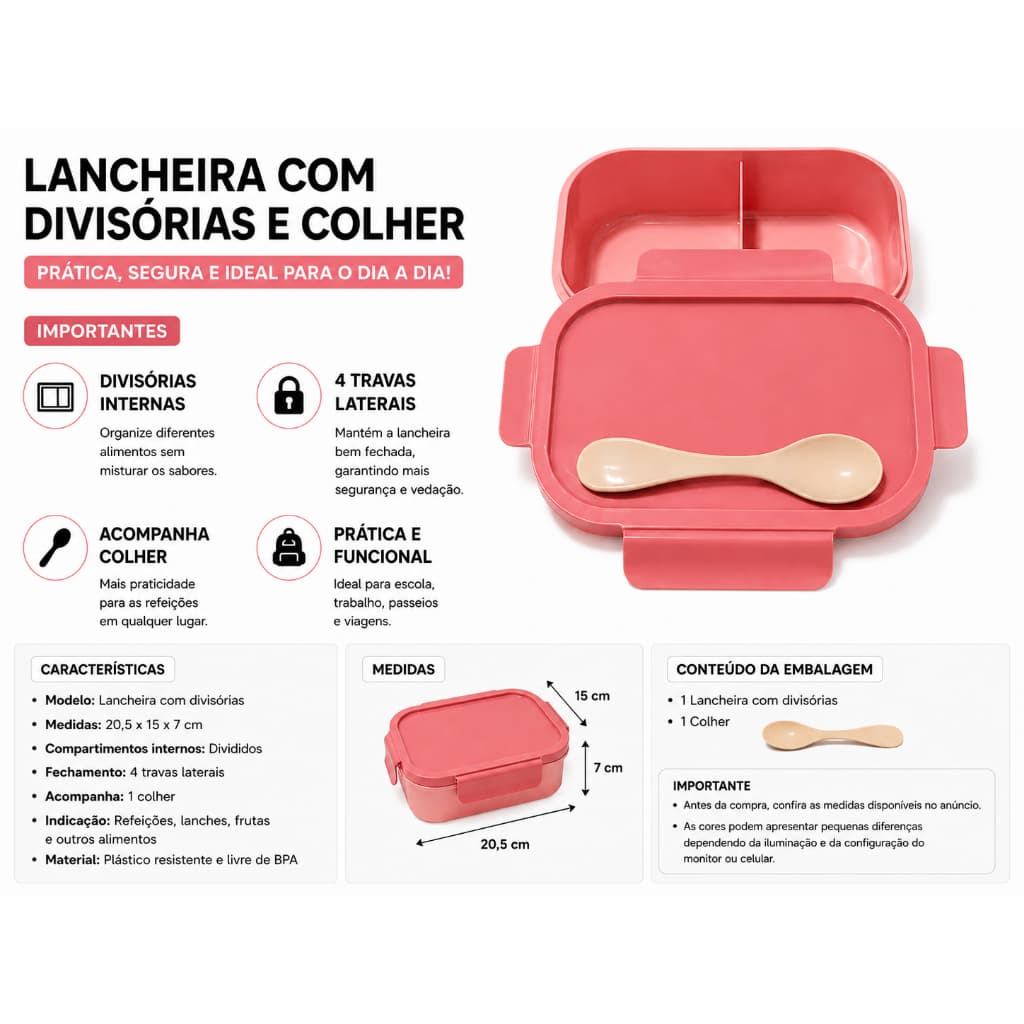 Lancheira Rosa Hermética 2 Divisórias com Colher, 4 Travas e Fechamento Seguro