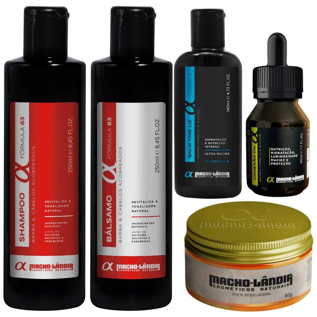 Kit Masculino Completo Macho-Lândia Cabelo e Barba Ruivo Shampoo Balm Óleo Balsamo Pomada Fix Efeito Brilho Hidratação