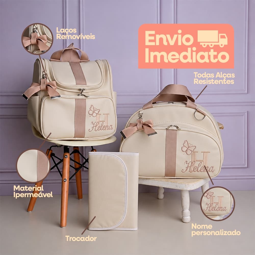 Kit Bolsa Maternidade 3 Peças Personalizada Menina Menino Bordada Mochila Mala Trocador Impermeável Luxo Bebê Gestante