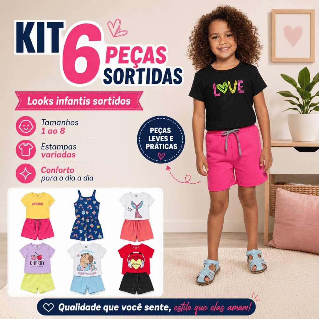 Kit Sortido 6 Peças Conjunto Infantil Feminino Menina Roupa de Verão Camiseta Short Estampada 1 ao 8