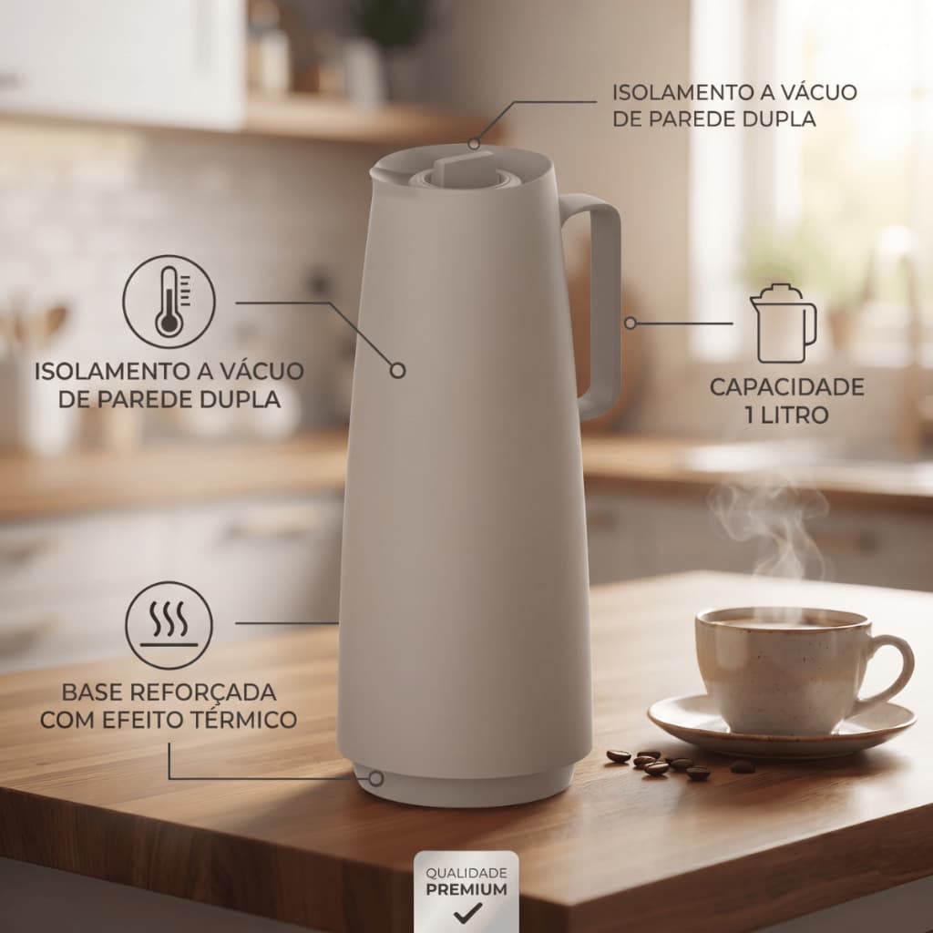 Bule / Garrafa Térmica Bege 1 Litro Premium com Isolamento a Vácuo com Ampola de Vidro