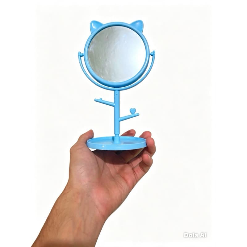 ESPELHO DE MESA REDONDO COM BASE PORTA JOIAS + 2 GANCHOS DE PLASTICO GATINHO