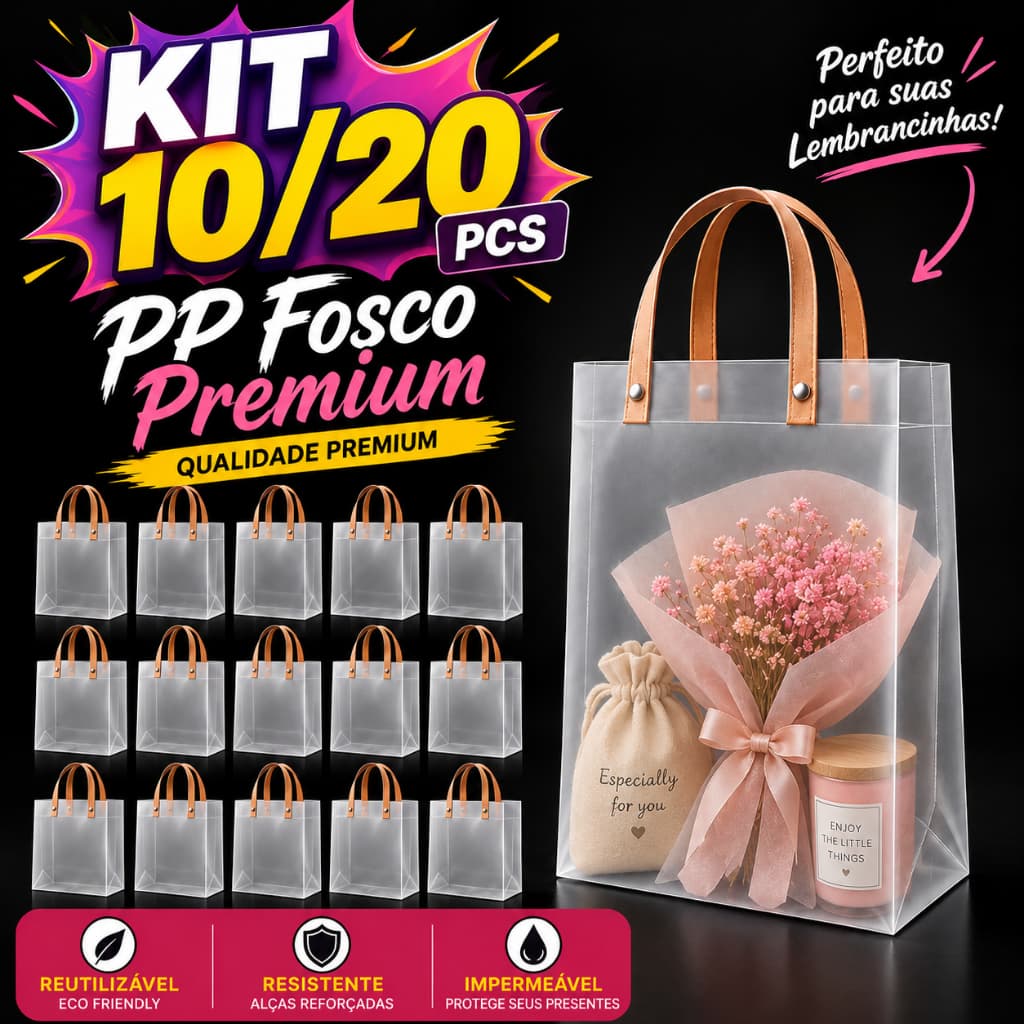 10/20 Sacolas de Presente PP Fosco com Alças Reforçadas para Presentes Festas e Lembrancinhas