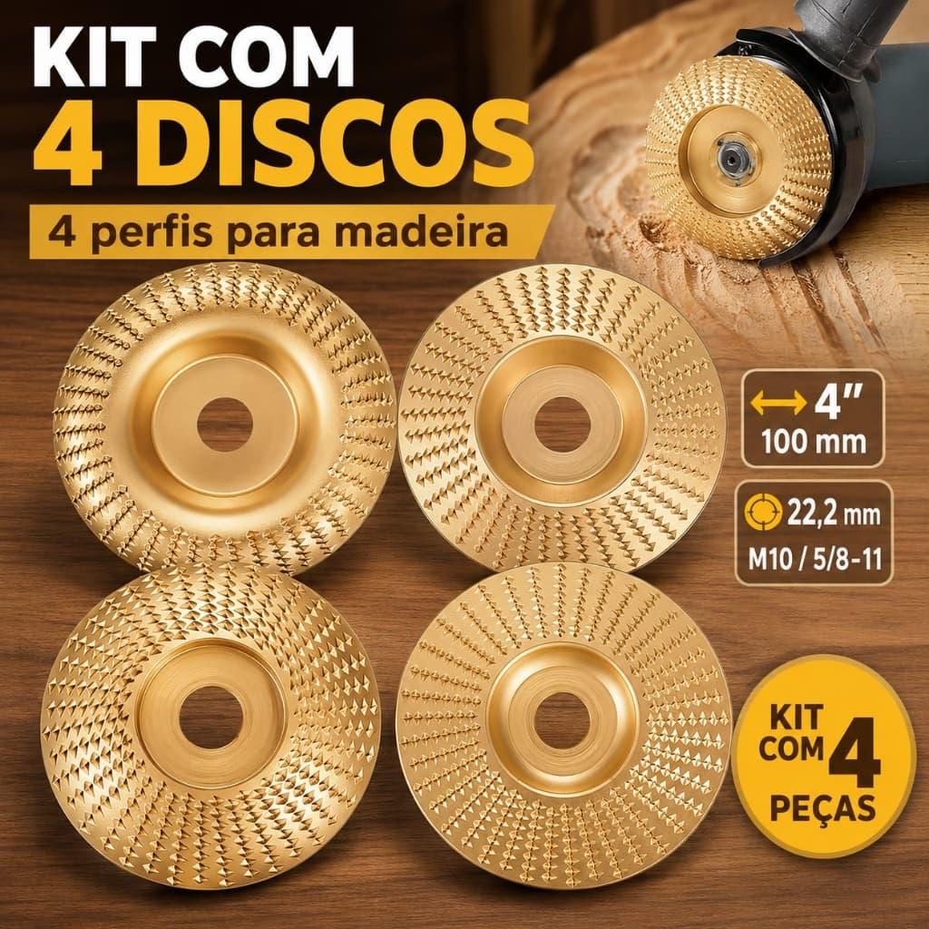 Kit 4 Discos de Desbaste para Madeira 4 Polegadas 100mm Furo 22,2mm Raspador Rotativo para Esmerilhadeira M10 5/8-11